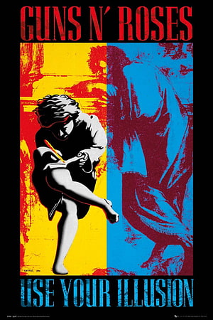 Guns N' Roses Use Your Illusion album cover art poster featuring stylized figures and bold typography HD phone wallpaper