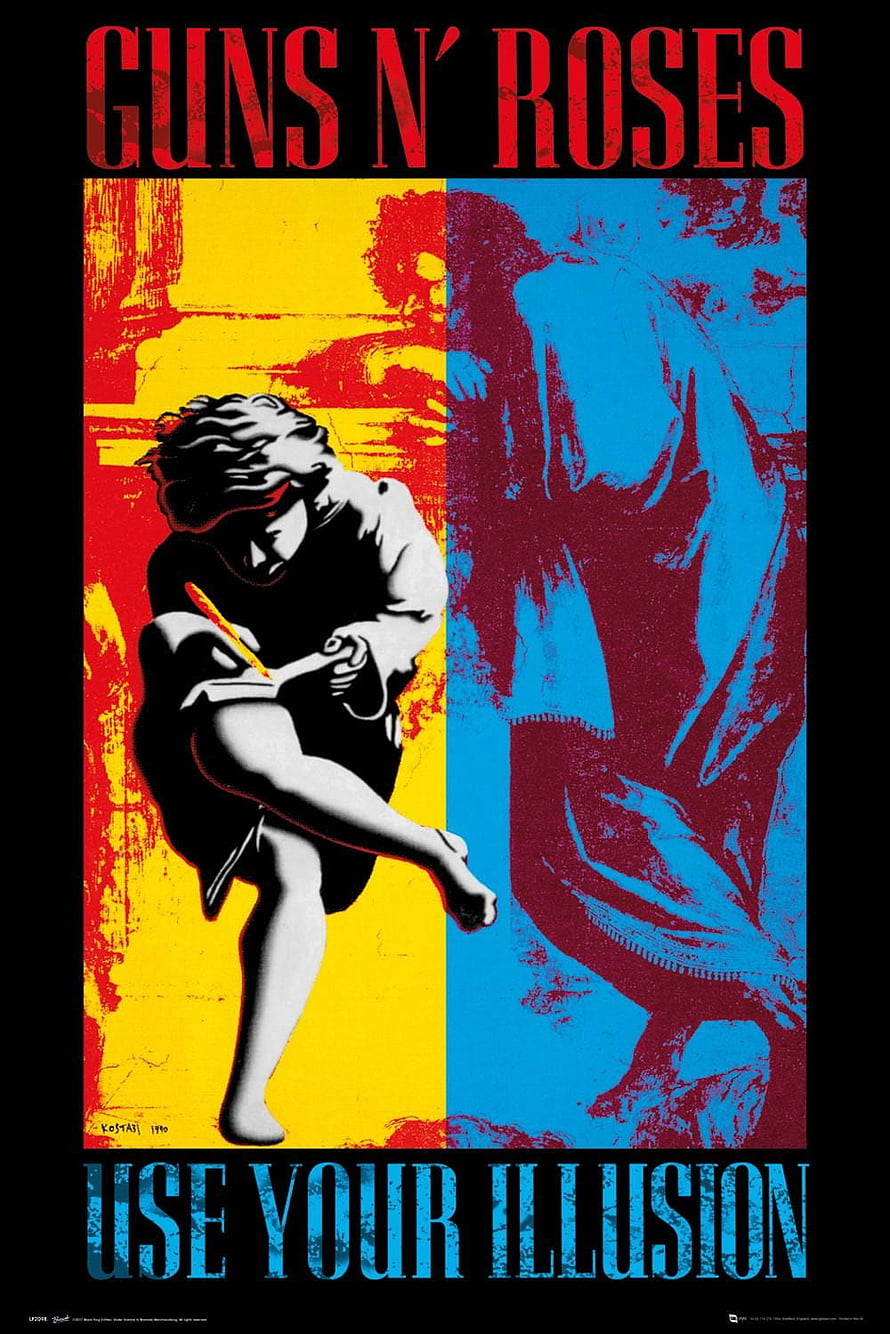 Guns N' Roses Use Your Illusion album cover art poster featuring stylized figures and bold typography HD phone wallpaper