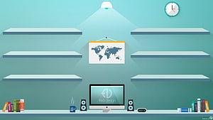 Minimalist Office Interior With Empty Shelves, Computer, And World Map Illustration HD wallpaper