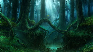 Mystical Enchanted Forest with Glowing Figure on Ancient Tree Bridge HD wallpaper