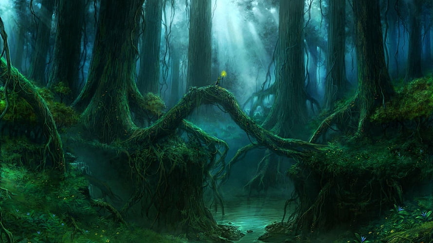 Mystical Enchanted Forest with Glowing Figure on Ancient Tree Bridge HD wallpaper