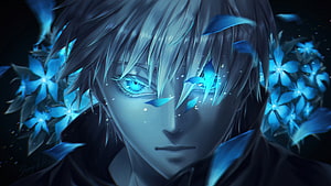 Anime Male Character With Glowing Blue Eyes And Mystical Blue Flowers HD wallpaper