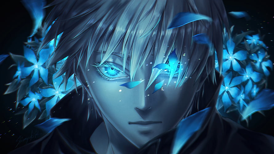 Anime Male Character With Glowing Blue Eyes And Mystical Blue Flowers HD wallpaper