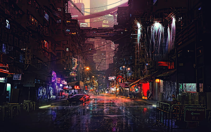 Neon-lit cyberpunk city street at night with wet reflective pavement, towering buildings, and futuristic atmosphere HD wallpaper