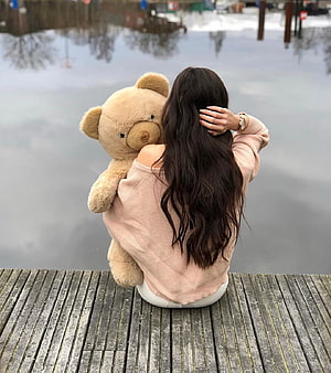 Girl With Long Hair Sitting On Dock Holding Large Teddy Bear HD phone wallpaper