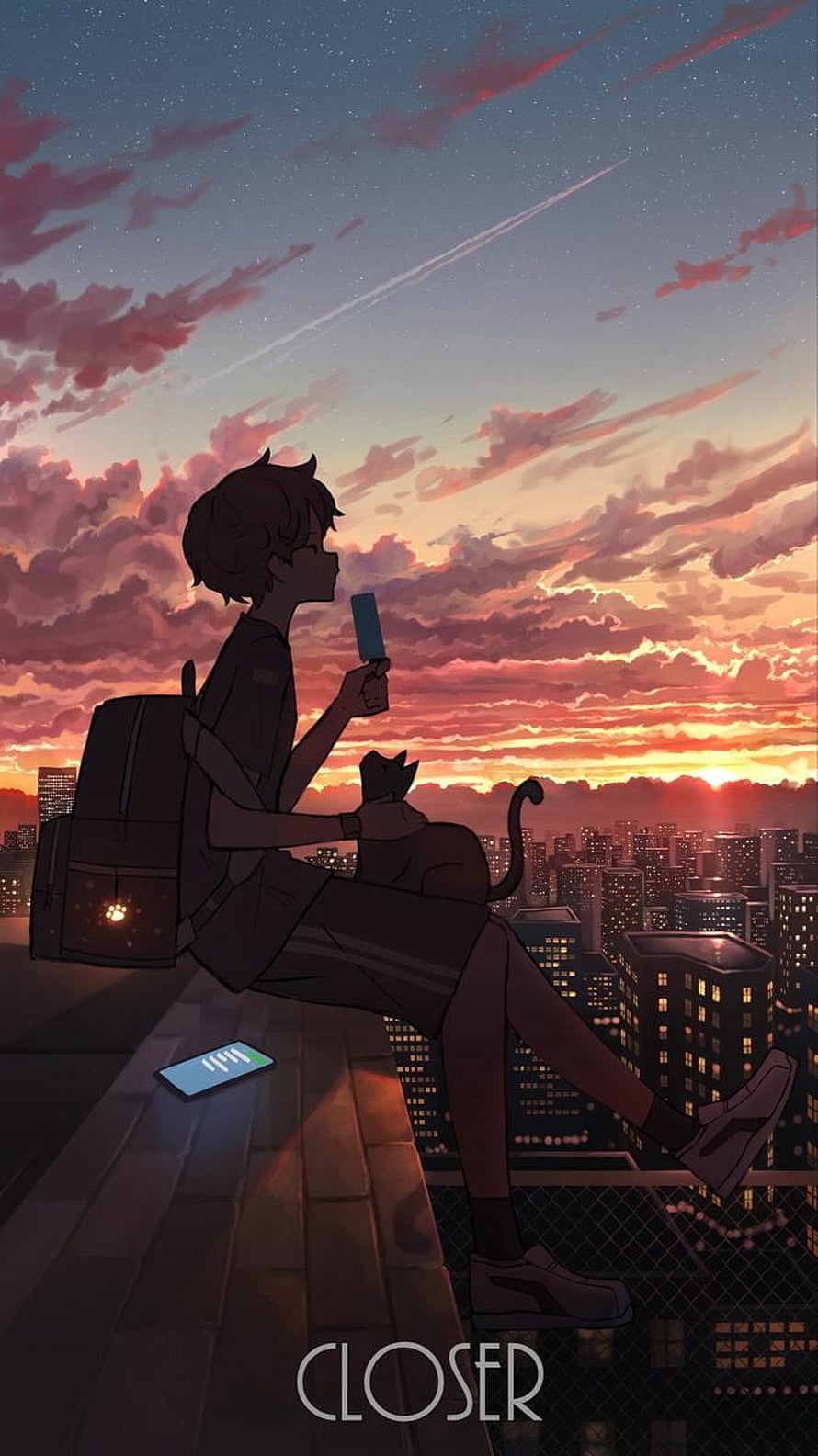 Anime Boy Eating Ice Cream on Rooftop with Cat at Sunset HD phone wallpaper