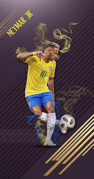 Neymar Jr Brazil National Team Soccer Player Yellow Jersey Blue Shorts Dribbling Football With Smoke Effects HD phone wallpaper