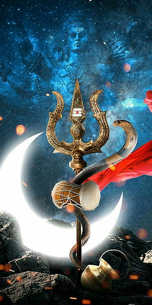 Lord Shiva Trishul Wallpaper with Crescent Moon, Snake, and Damru on Rocky Terrain HD phone wallpaper