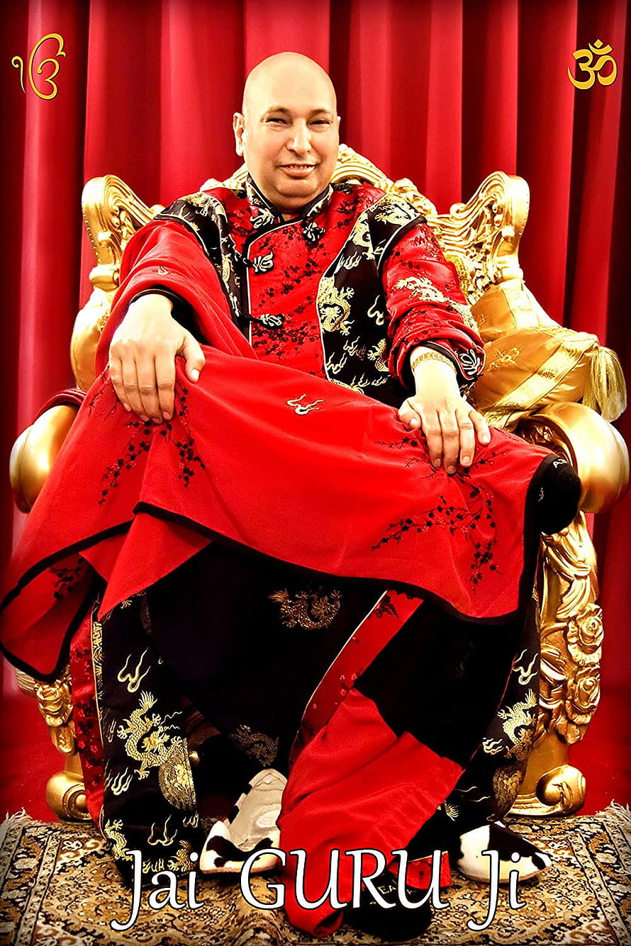Gurmeet Ram Rahim Singh Portrait in Red and Black Traditional Attire on Golden Throne HD phone wallpaper