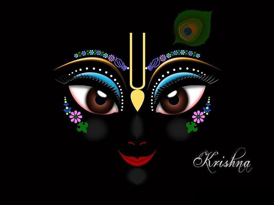 Krishna Face Art with Peacock Feather and Floral Decorations HD wallpaper