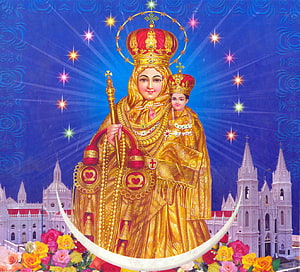 Our Lady of Velankanni Devotional Art with Cathedral and Floral Garland HD wallpaper