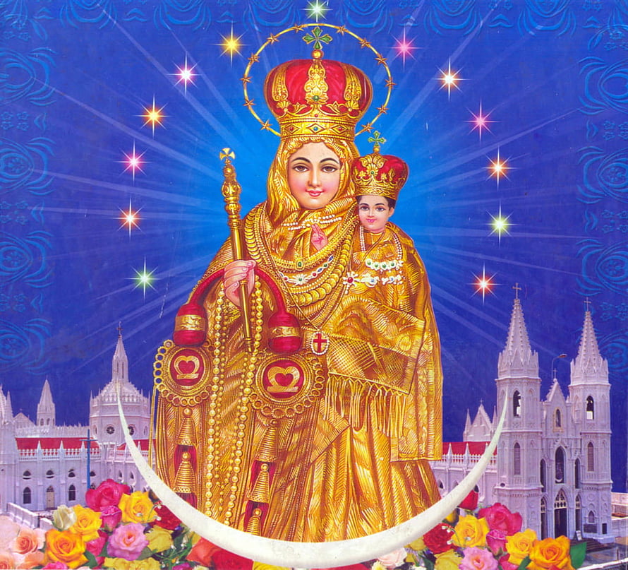 Our Lady of Velankanni Devotional Art with Cathedral and Floral Garland HD wallpaper