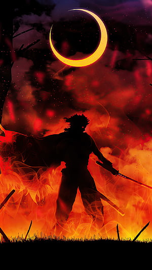 Silhouette of a Samurai Warrior with Katana in Fiery Inferno Under Crescent Moon HD phone wallpaper