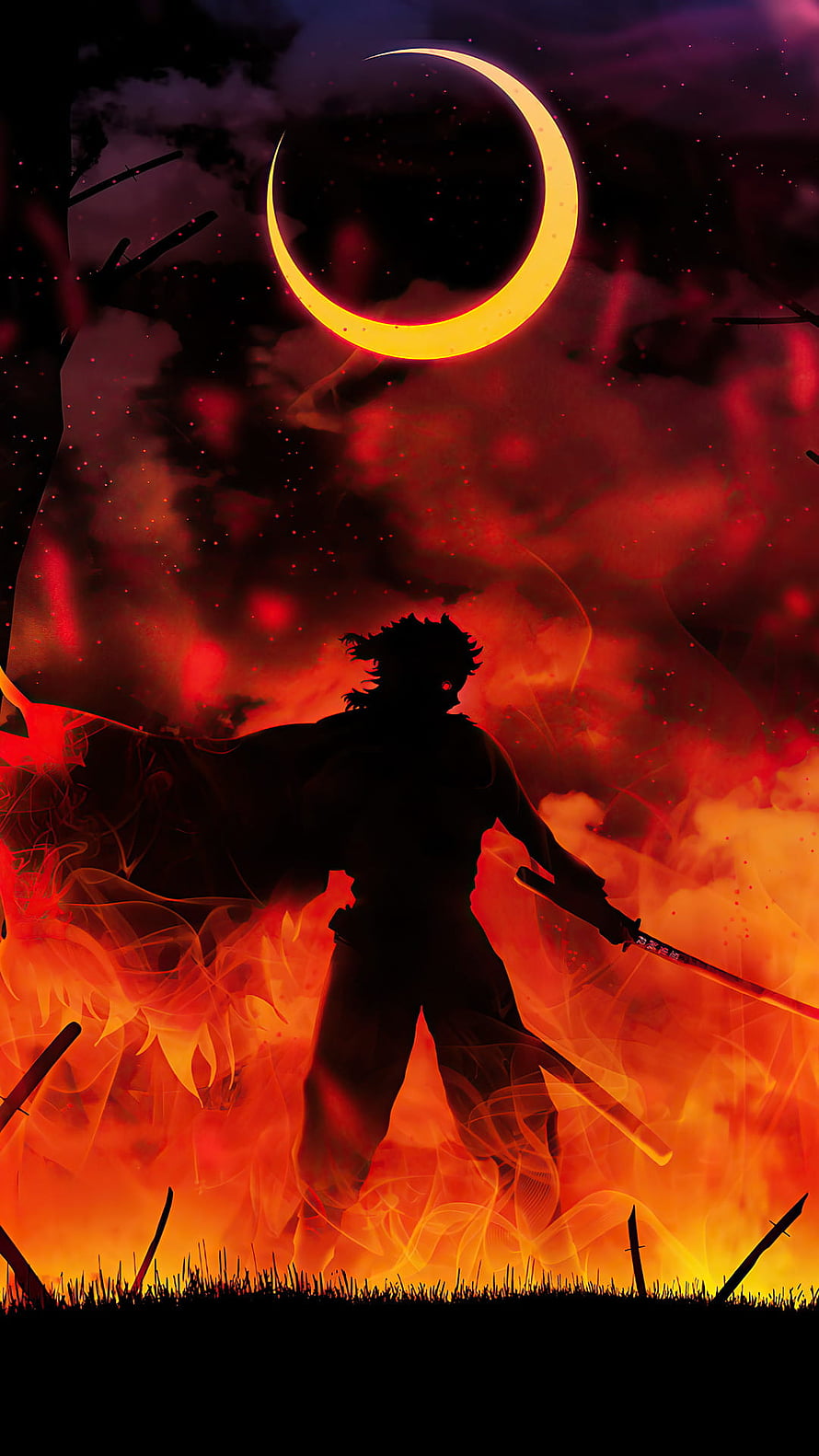 Silhouette of a Samurai Warrior with Katana in Fiery Inferno Under Crescent Moon HD phone wallpaper