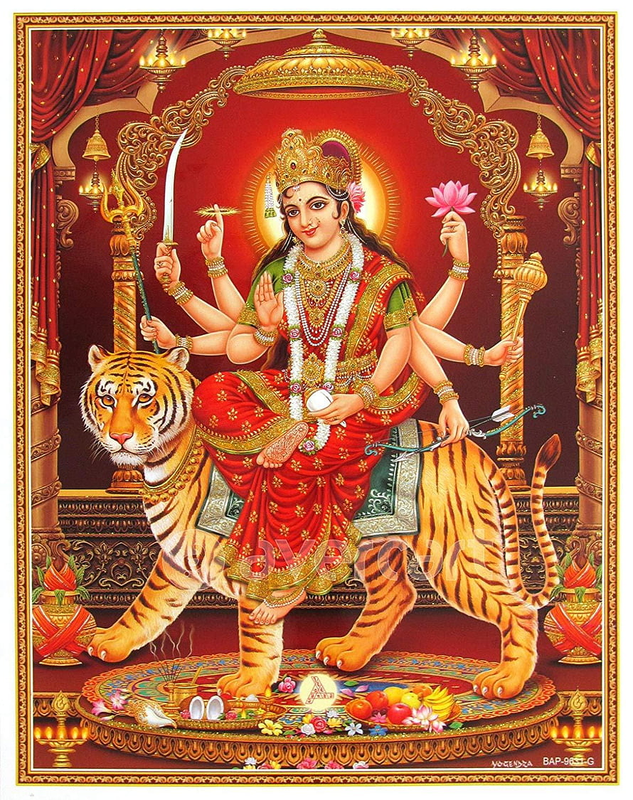 Goddess Durga Riding Tiger Hindu Deity Art HD phone wallpaper