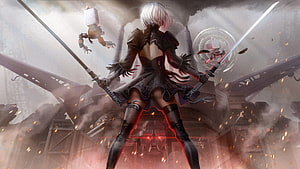 2B wielding dual swords in NieR Automata with floating Pod companion amidst industrial ruins HD wallpaper