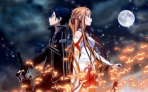 Sword Art Online Kirito and Asuna Standing Back to Back Under a Full Moon with Fire Embers HD wallpaper
