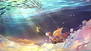 Going Merry sailing through a dreamlike sky of clouds and stars in One Piece HD wallpaper