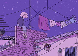 Lofi Anime Girl Sitting on Rooftop Wall Under Starry Night Sky with Laundry Lines HD wallpaper