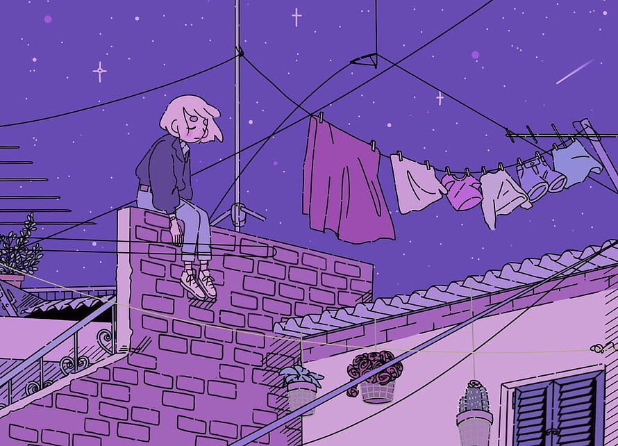 Lofi Anime Girl Sitting on Rooftop Wall Under Starry Night Sky with Laundry Lines HD wallpaper