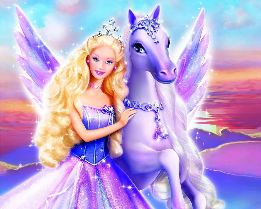 Barbie Princess and Winged Unicorn in a Magical Fantasy Landscape HD wallpaper