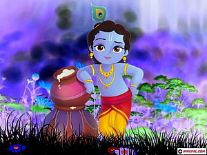 Cute Baby Krishna Stealing Butter from a Pot in a Magical Forest HD wallpaper