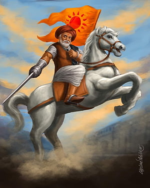 Lahuji Salve on a White Horse with Orange Sun Flag in Historical Digital Painting HD phone wallpaper