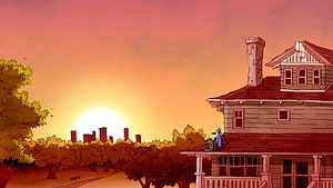 Regular Show Animated Scene of Blue Jay on a House Roof at Sunset HD wallpaper