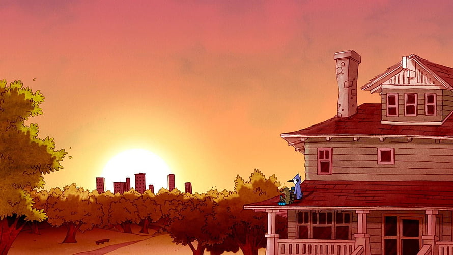 Regular Show Animated Scene of Blue Jay on a House Roof at Sunset HD wallpaper