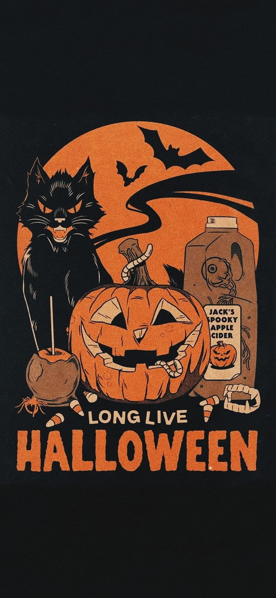 Vintage Halloween Illustration Featuring Black Cat, Jack-o'-Lantern, and Spooky Apple Cider HD phone wallpaper