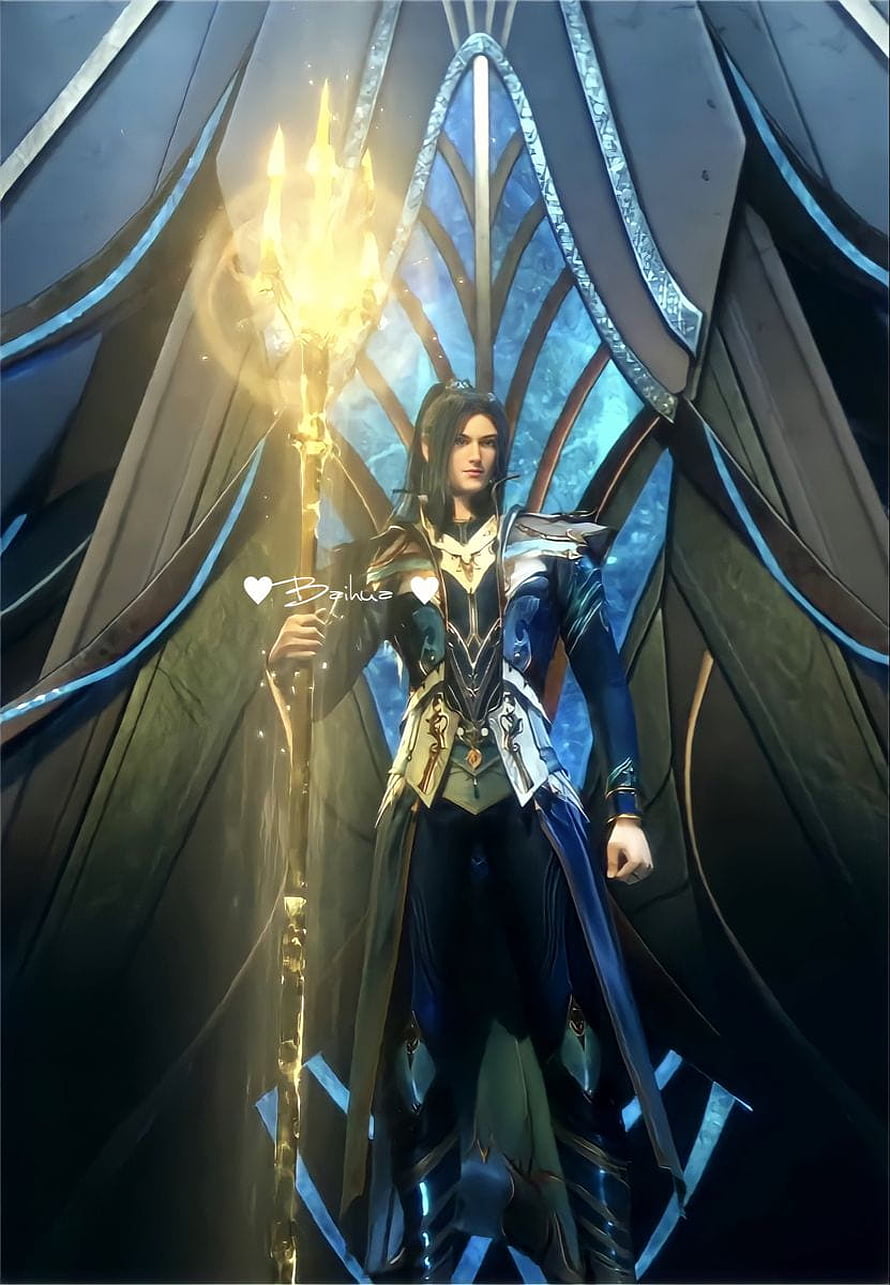 Tang San Holding Sea God Trident in Blue and Gold Armor Fantasy Character Wallpaper HD phone wallpaper