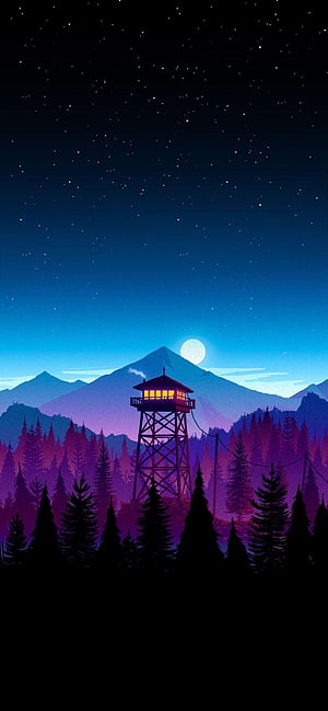 Illuminated Fire Watchtower in a Starlit Mountain Forest at Night HD phone wallpaper