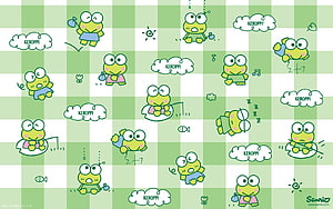 Cute Keroppi Frog Pattern on Green Gingham Background HD wallpaper