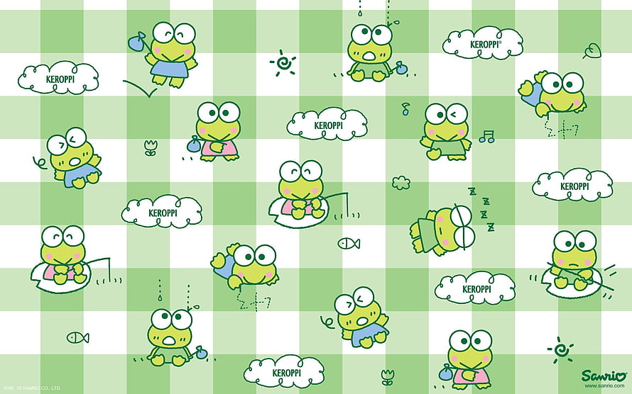 Cute Keroppi Frog Pattern on Green Gingham Background HD wallpaper