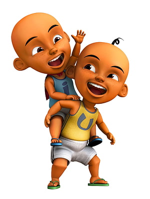 Upin & Ipin 3D Animated Twins Giving Piggyback Ride in Colorful Outfits HD phone wallpaper