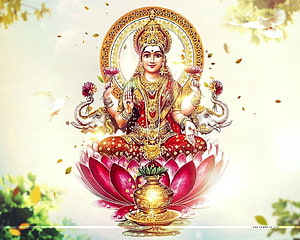 Goddess Lakshmi Sitting on Lotus with Elephants and Kalash HD wallpaper