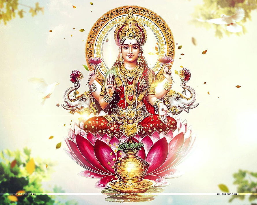 Goddess Lakshmi Sitting on Lotus with Elephants and Kalash HD wallpaper