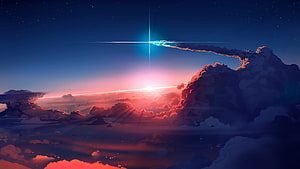 Stylized Digital Art of a Meteor Streaking Across a Vibrant Sunset Sky Above Dramatic Clouds HD wallpaper