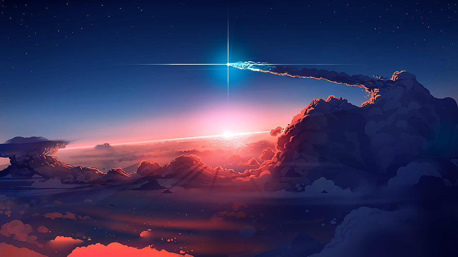 Stylized Digital Art of a Meteor Streaking Across a Vibrant Sunset Sky Above Dramatic Clouds HD wallpaper