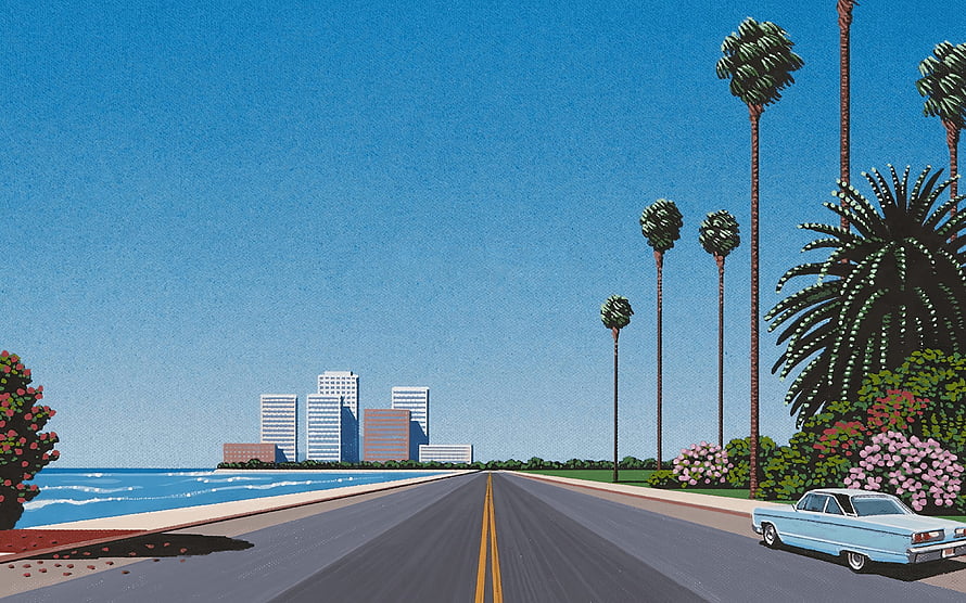 Southern Way by Hiroshi Nagai: Retro Coastal Highway with Palm Trees and Classic Car HD wallpaper