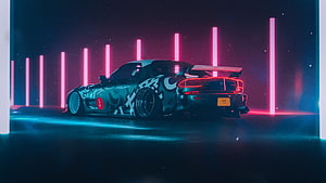 Nissan Skyline R34 GT-R in Neon Cyberpunk Style with Pink and Blue Lights HD wallpaper