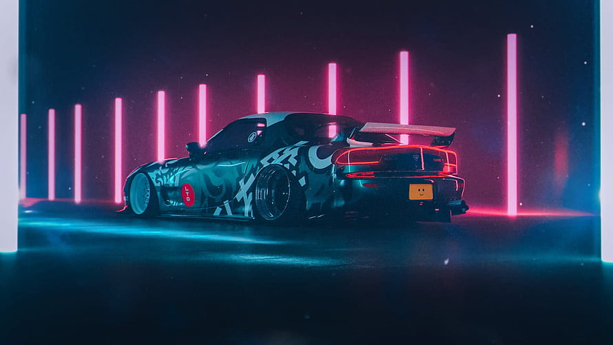 Nissan Skyline R34 GT-R in Neon Cyberpunk Style with Pink and Blue Lights HD wallpaper