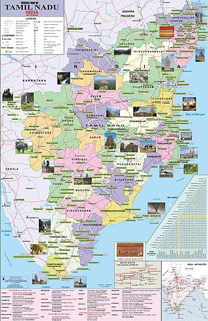 Tamil Nadu India Tourist Map with Districts, Cities, and Landmarks HD phone wallpaper