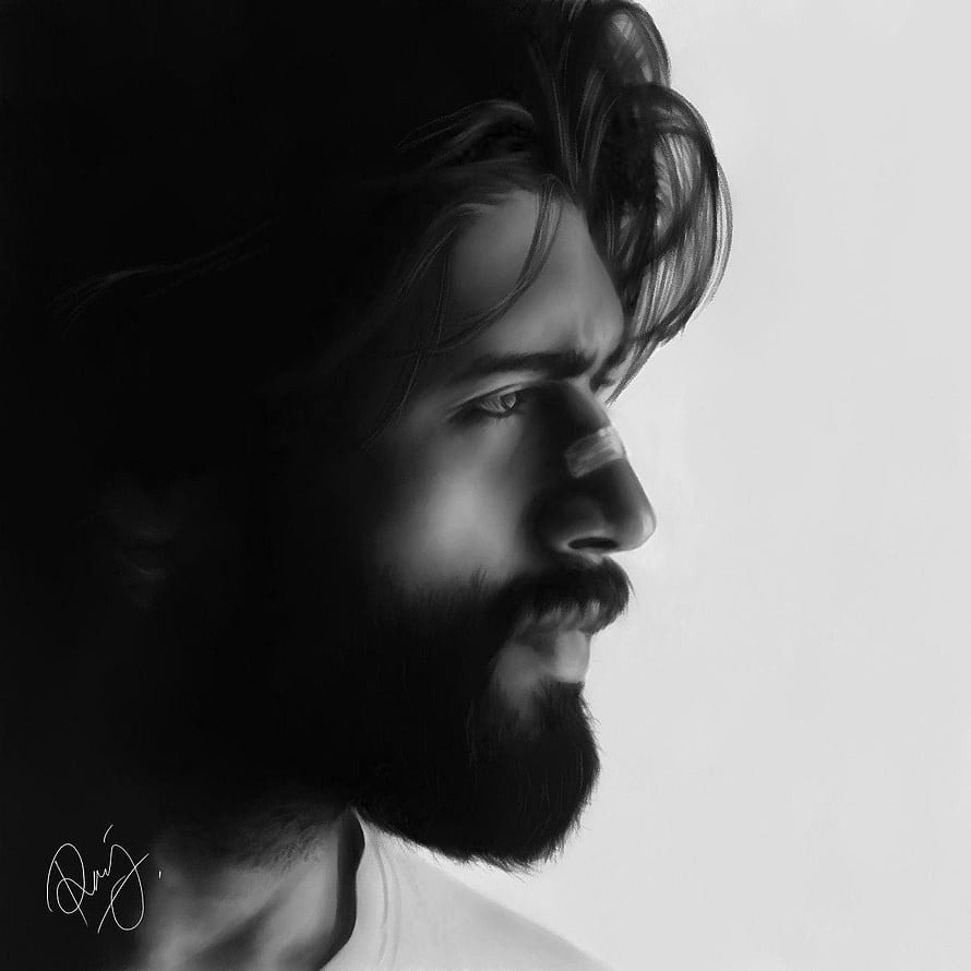 Black and white digital portrait of a bearded man in profile with dramatic lighting, : Full Arjun Reddy, arjun reddy movie HD phone wallpaper