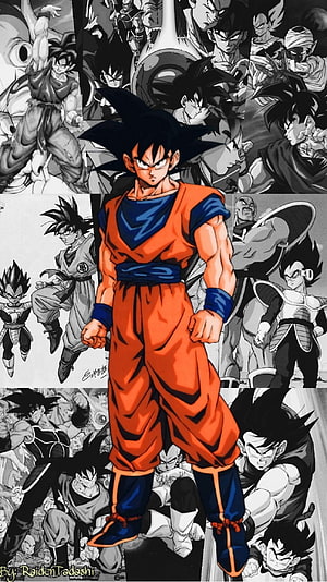 Son Goku in Orange Gi Standing Before Dragon Ball Manga Panels HD phone wallpaper