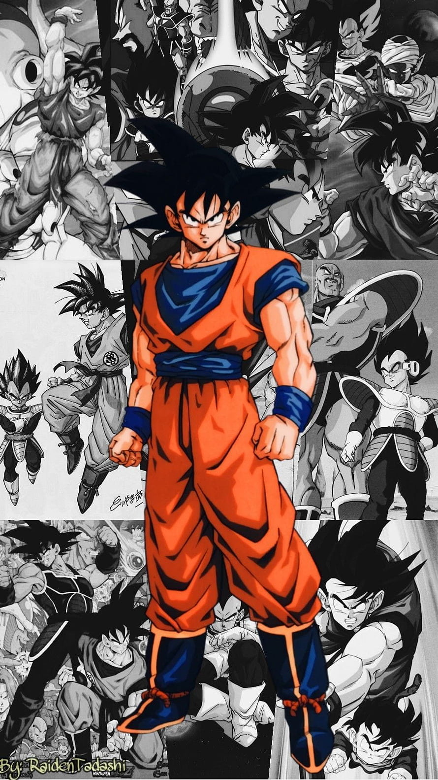 Son Goku in Orange Gi Standing Before Dragon Ball Manga Panels HD phone wallpaper