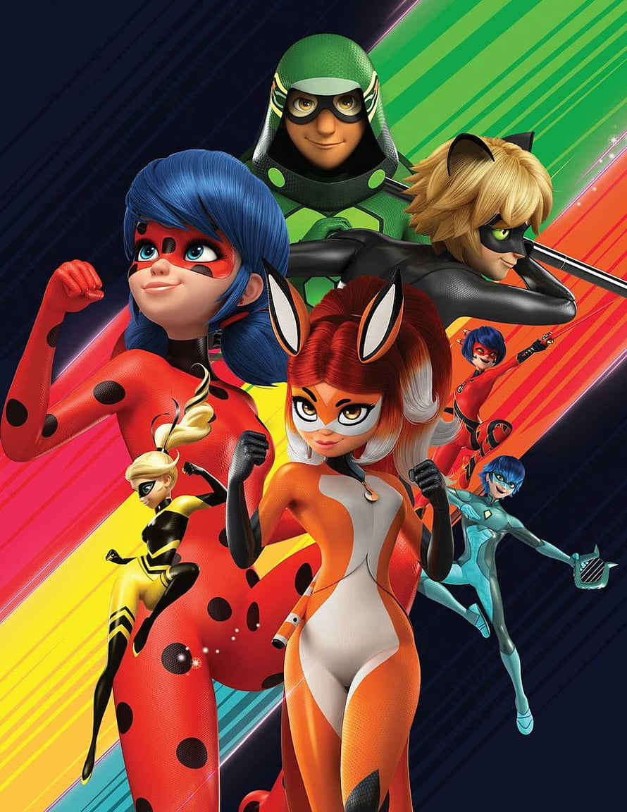 Miraculous Ladybug and Cat Noir Hero Team Poster with Fox and Bee Characters HD phone wallpaper