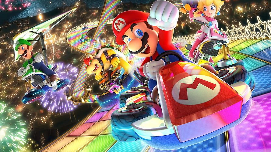Mario Kart 8 Deluxe Key Art Featuring Mario, Luigi, Bowser, and Peach Racing on a Neon Track HD wallpaper