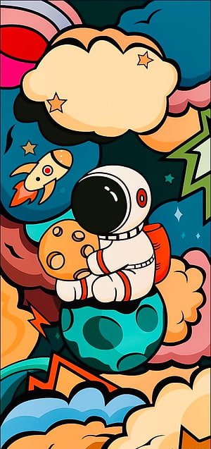 Cute Cartoon Astronaut Sitting on a Planet with Rocket and Stars HD phone wallpaper