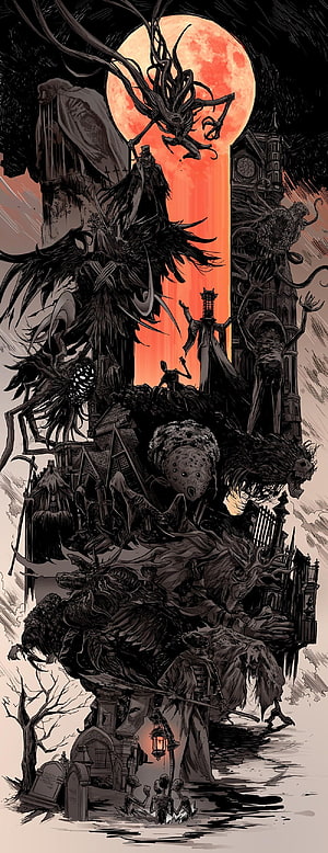 Dark Gothic Horror Illustration With Eldritch Monsters And A Blood Moon HD phone wallpaper